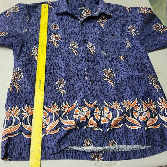 Vintage No Fear Men's Large Hawaiian Shirt 90s Retro Button Up Blue Floral Top - Picture 9 of 10